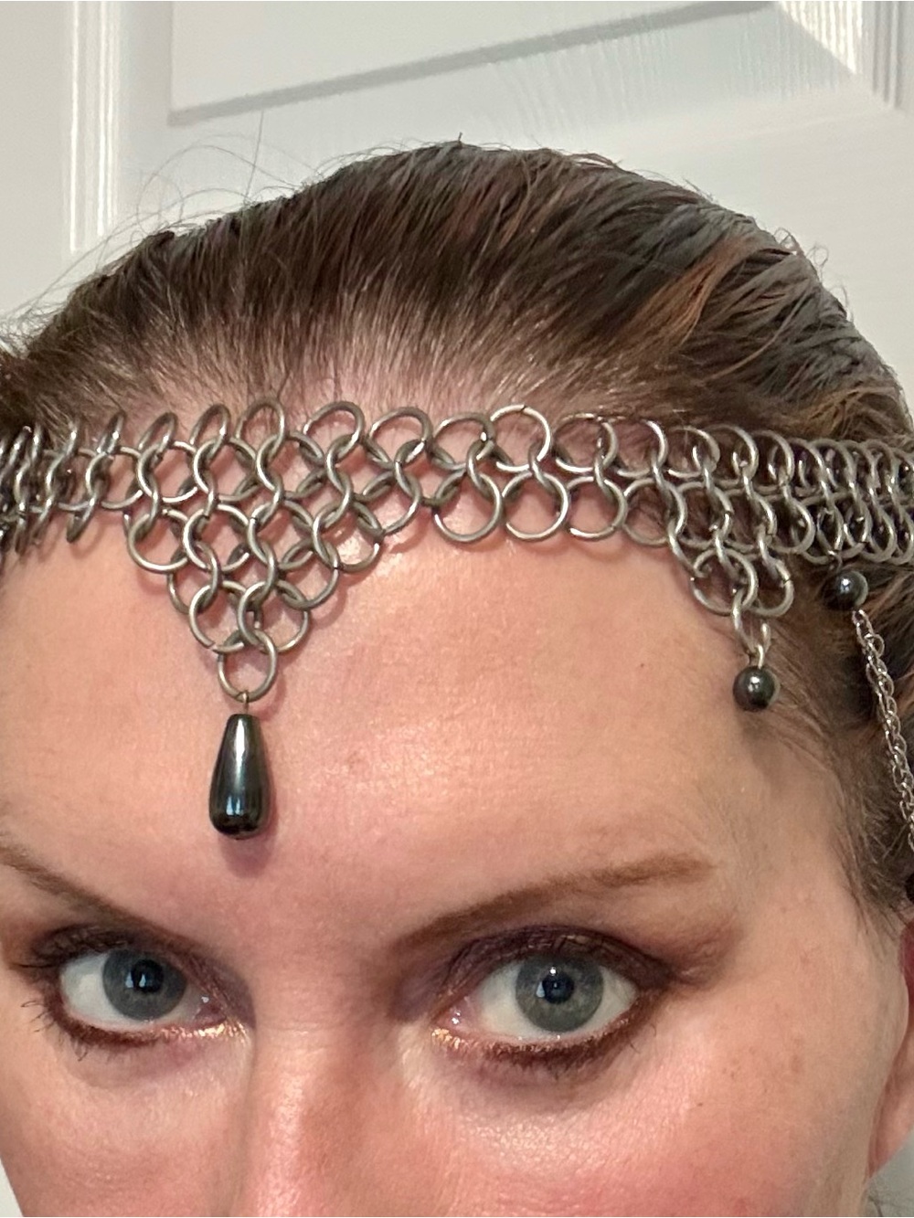 Silver Chainmail Forehead Headpiece with Black Teardrop Accent
